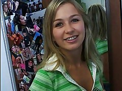 Skinny blonde teen with nice boobs strips in the bedroom