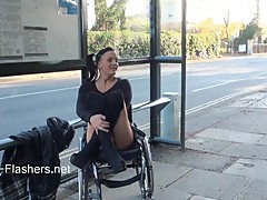 Paraprincess open-air exhibitionism and flashing wheelchair constrained honey demonstrating off hot tits and trimmed vulva in public